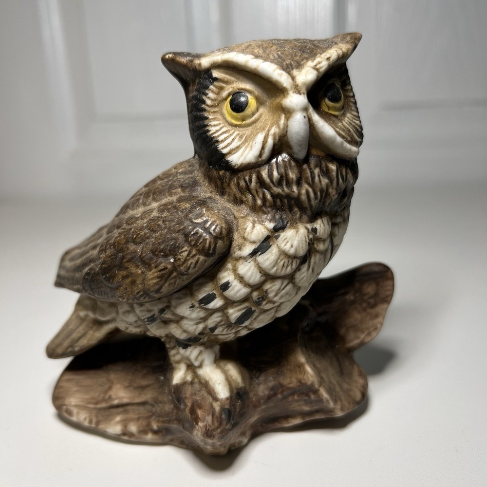 VTG HOMCO Woodland Horned Owl on Branch #1114 Figurine 1980's Home Interior